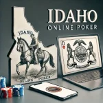 Idaho Online Poker image featuring a laptop, a smartphone, poker chips, and a map of Idaho with a cowboy riding a horse. The image suggests the availability of online poker games in the state of Idaho.