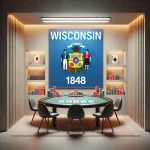 A poker room with chips and cards symbolizes online poker with the Wisconsin flag,