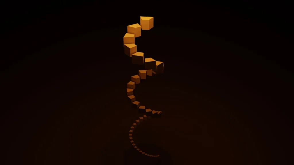 A spiral formation of glowing orange cubes descending into a dark, minimalistic background.