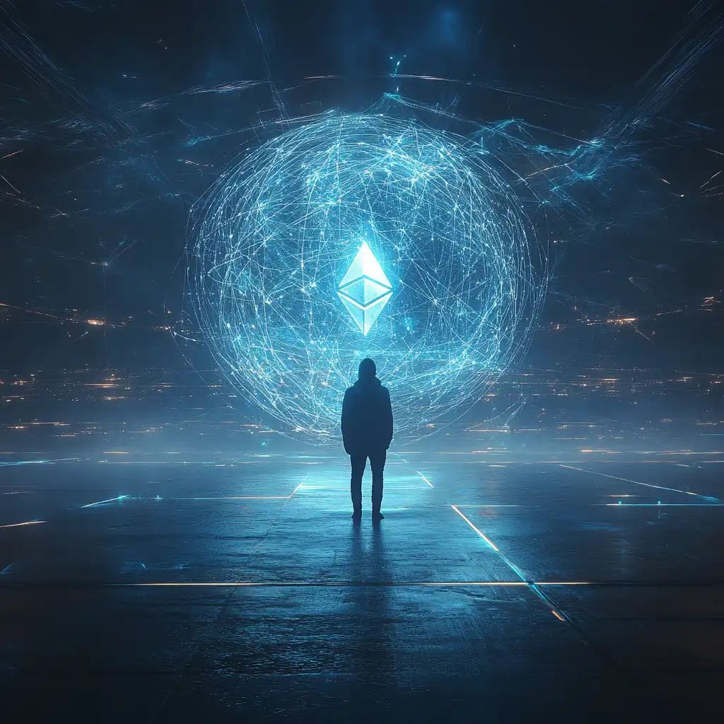  Ethereum logo in digital network.