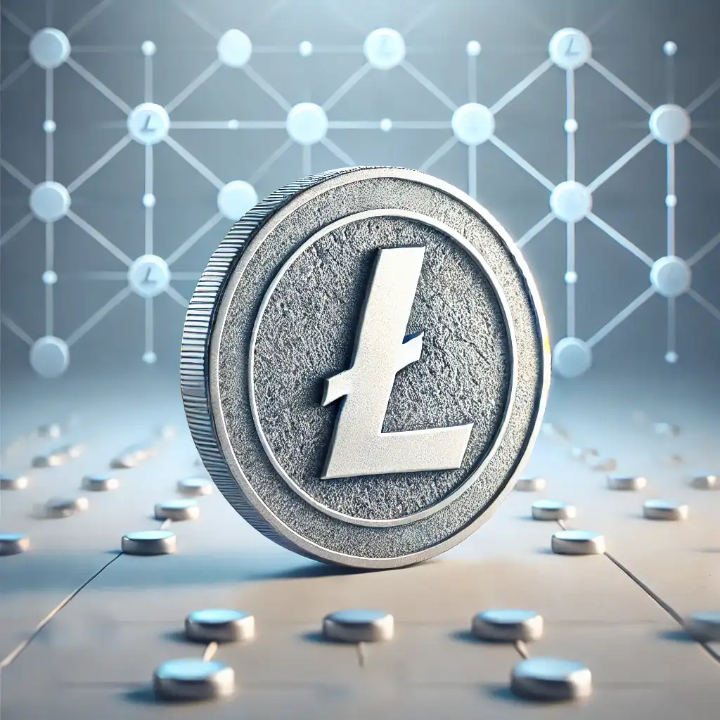 Minimal image of a polished stone Litecoin coin with a blockchain network background, featuring nodes and connections glowing in blue.